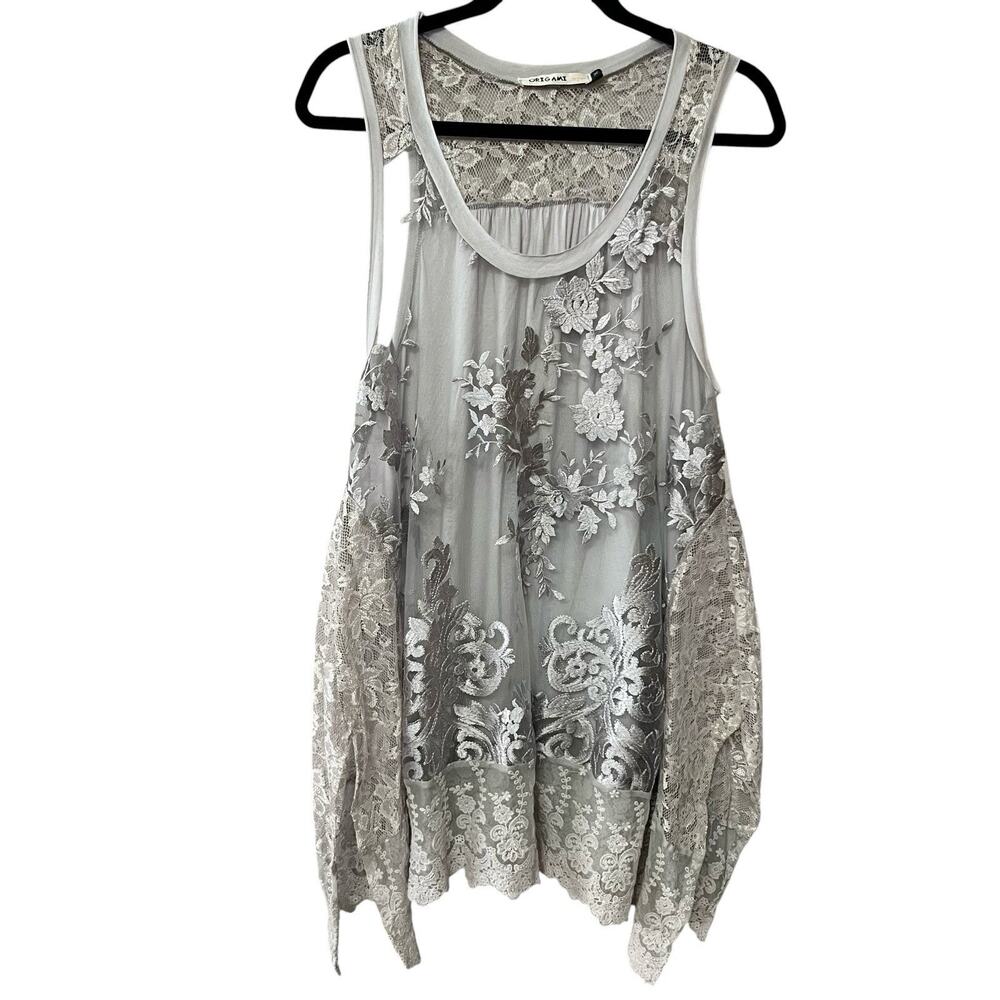 Origami By Vivien Floral Embroidered Tunic Top Medium Mesh Lace Boho Fairy Gray